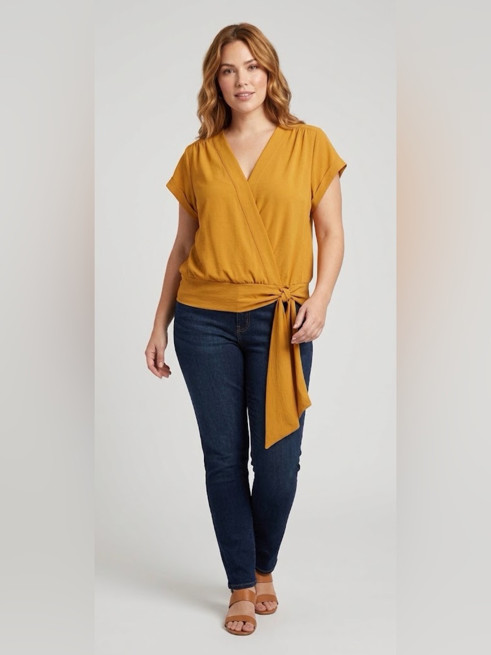 Nine West Mustard Yellow/Orange Blouse Surplice V Neck Short Sleeve Tie Waist XL